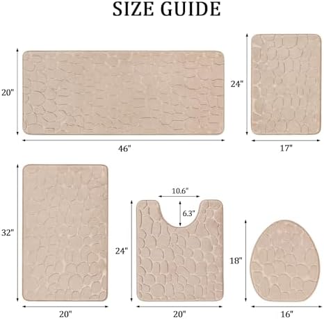 YIHOUSE Bathroom Rugs Mat Set, Memory Foam Bath Mat 5 Piece Khaki
