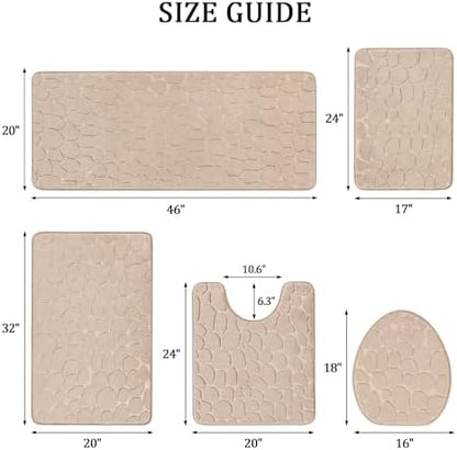 YIHOUSE Bathroom Rugs Mat Set, Memory Foam Bath Mat 5 Piece Khaki