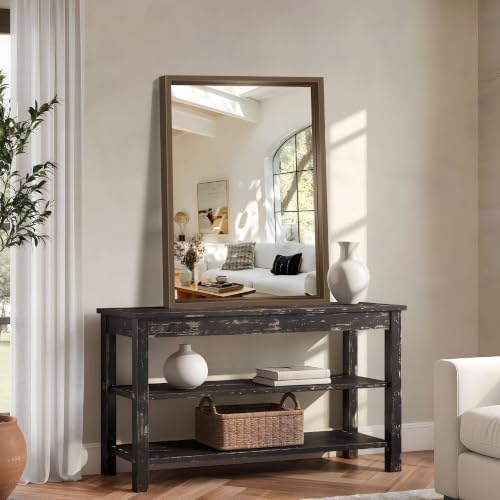 Bathroom Mirror, 30 x 42 inch Walnut Wood Grain Colored Aluminum Metal Frame Bathroom Vanity Mirror, Rectangle Wall Mirror for Bedroom Living Room, Tempered Glass, Horizontal or Vertical