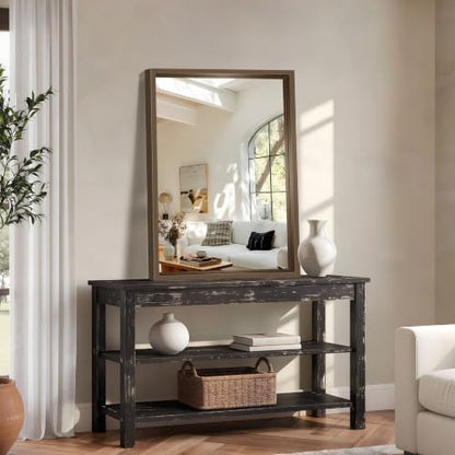 Bathroom Mirror, 30 x 42 inch Walnut Wood Grain Colored Aluminum Metal Frame Bathroom Vanity Mirror, Rectangle Wall Mirror for Bedroom Living Room, Tempered Glass, Horizontal or Vertical