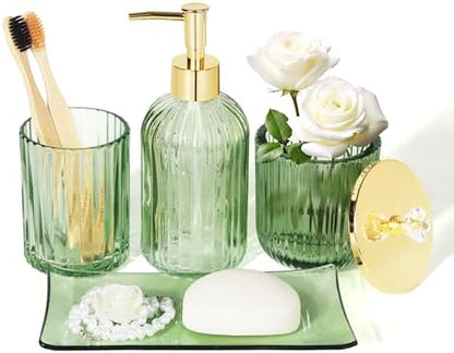Designer Green Glass Bathroom Accessories Sets - 4 Pcs with Lotion Soap Dispenser, Bathroom Toothbrush Holder, Vanity Tray, and Apothecary Jar, Vintage Bathroom Decor
