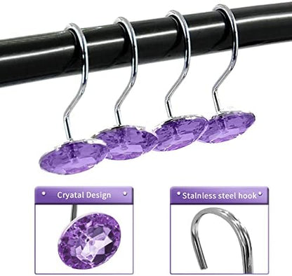Crystal Diamond Round Shower Curtain Hooks Rings for Bathroom,Purple,12PCS