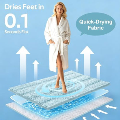 Striped Spa Blue Bathroom Rug Set 3 Pieces Ultra Soft, Non Slip Chenille Bath Carpet, Absorbent Plush Shaggy Bath Mats for Bathroom, Toilet, Bedroom, Kitchen