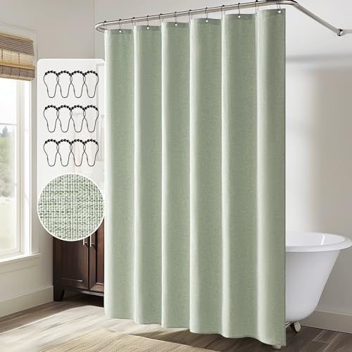 MIULEE 72 x 82 Extra Long Linen Shower Curtain Sage Green 12 Metal Hooks