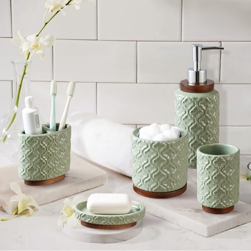RQYIXI Ceramic Bathroom Accessories Set,Sage Green,5 Piece,Embossed Design