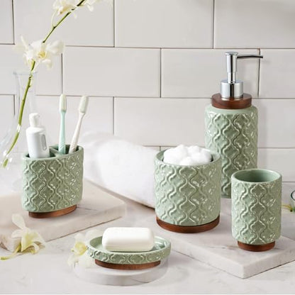RQYIXI Ceramic Bathroom Accessories Set,Sage Green,5 Piece,Embossed Design