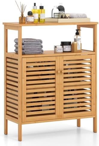 Tangkula Bamboo Floor Cabinet, Bathroom Storage Cabinet with Double Slatted Doors, Open Shelf, Removable Shelf, Storage Organizer for Bathroom Doorway Living Room Kitchen