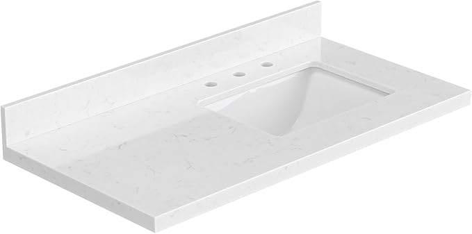 ARIEL 42 inch Bathroom Vanity top with Sink, 1.5 Inch Thick Miter Edge Carrara White Quartz top, Right Offset Vanity top with Rectangle Porcelain Sink, Includes Backsplash
