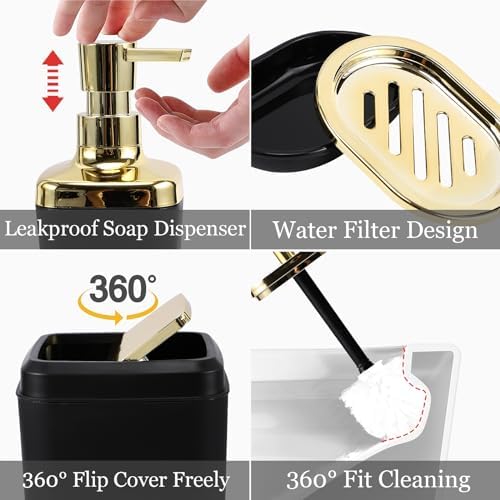 XLHOMO Bathroom Set - Black Bathroom Accessories Set, Bathroom Sets with Shower Curtain and Rugs, Black Shower Curtain Set with Bathroom Trash Can, Soap Dispenser, Soap Dish for Home Decor