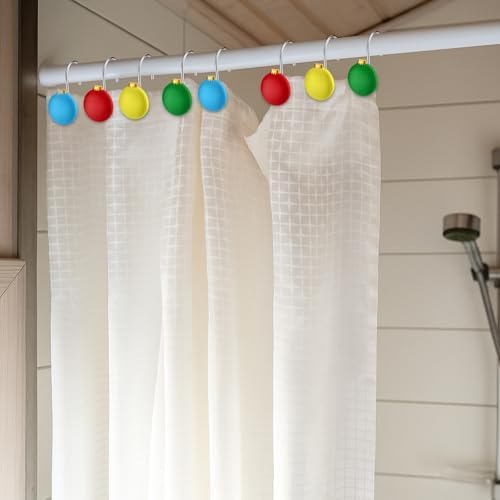 Thyle 12 Pcs Christmas Ball Shower Curtain Hooks, Christmas Ball Ornament Decorative Rings Xmas Shower Curtain Hooks Holiday Decorative for Bathroom Accessories