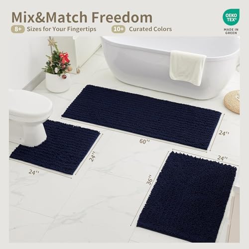 Bathroom Rugs Non Slip Washable 44x24, Extra Thick Soft Chenille Absorbent Bath Mat, High Density Barrier Non Slip Backing, Quick Dry Plush Shaggy Floor Carpet for Tub&Shower, Navy