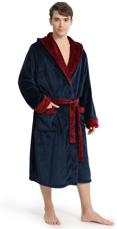 Yurhap Luxury Mens Robe with Hood, Ultra Cozy Fleece Bathrobe for Men, Plush Hooded Robe with Belt & 2 Pockets