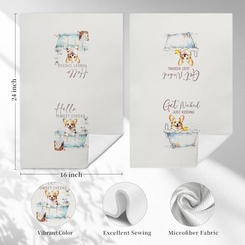 Funny Corgi Hand Towels, Hello Sweet Cheeks Bathroom Decor, Corgi Gifts Decorative Hand Towels for Bathroom Washroom Restroom, Gifts for Corgi Lovers, 16x24 Inch Set of 2