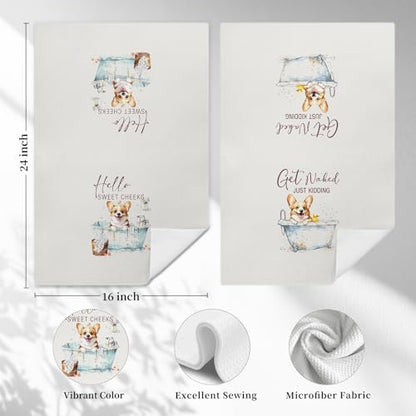 Funny Corgi Hand Towels, Hello Sweet Cheeks Bathroom Decor, Corgi Gifts Decorative Hand Towels for Bathroom Washroom Restroom, Gifts for Corgi Lovers, 16x24 Inch Set of 2