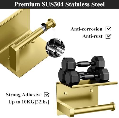 Tindbea Toilet Paper Holder with Phone Shelf, Adhesive or Screw Wall Mount Toilet Tissue Roll Holder, Rustproof & Multifunctional Stainless Steel Bathroom Storage Dispenser (Brushed Gold)