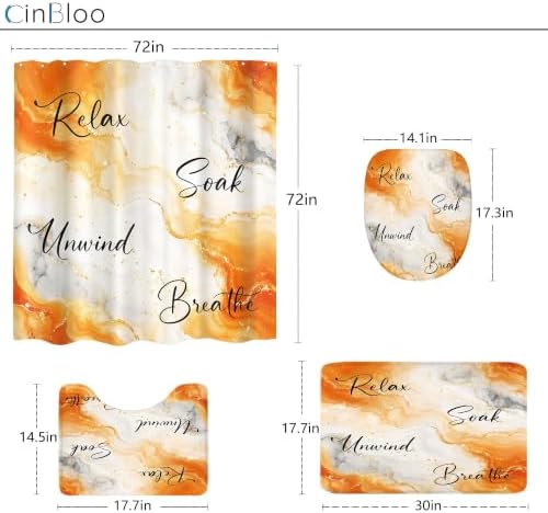 Burnt Orange Abstract Marble 4Pcs Bathroom Shower Curtain Set with Rugs