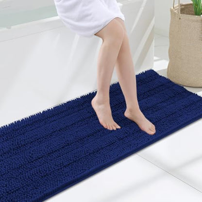 Grandaily Chenille Striped Bathroom Rugs 47x17, Extra Thick and Soft Absorbent Bath Mats, Rubber Backing, Plush Shaggy Shower Carpet, Machine Wash Dry, Bath Rug for Bathroom, Navy Blue