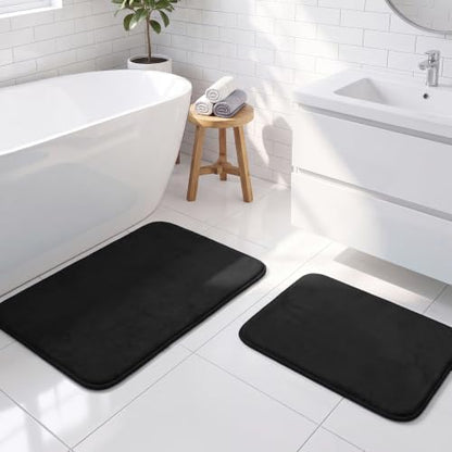 H.VERSAILTEX Bath Mat Memory Foam Set Bathroom Rug Set Flannel Velvety Bath Mat Luxury Extra Soft and Absorbent Non Slip Rugs for Bathroom/Bedroom Washable(2 Pack- 20"x 32"/ 17"x 24", Black)