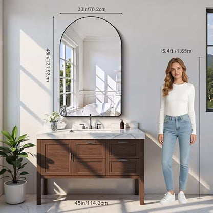 GLASHOM Arched Bathroom Mirror, 30"x48" Black Arched Mirror for Bathroom, Wall Mounted Mirror, Black Vanity Wall Mirror w/Metal Frame for Bedroom, Entryway, Living Room, Vertically Hanging