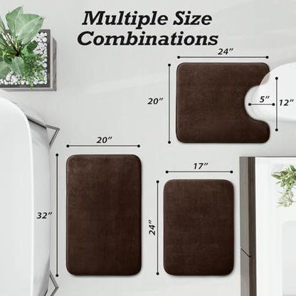 HUXMEYSON Bathroom Rugs Sets 3 Piece, Non-Slip & Quick Dry Bath Mat Set, Ultra Soft Velvet Bath Rugs for Bathroom, Toilet and Shower Floor, Brown