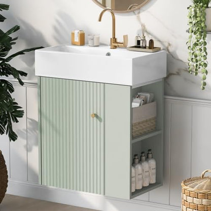 21.6 in Floating Bathroom Vanity with Sink,Soft Closing Doors,Solid Wood Frame & MDF Modern Single Small Green Bathroom Vanity Cabinet with Open Shelf,Wall Mounted