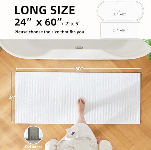TYUU Bathroom Runner Rug, Long Bath Mat Washable Thin Quick Dry Low Pile Bathroom Runner Rugs 24 x 60 Non Slip, White 24"x60"
