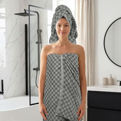 Jacquotha Grey Checkered Towel Set of 8, Cotton Towels for Bathroom Decor