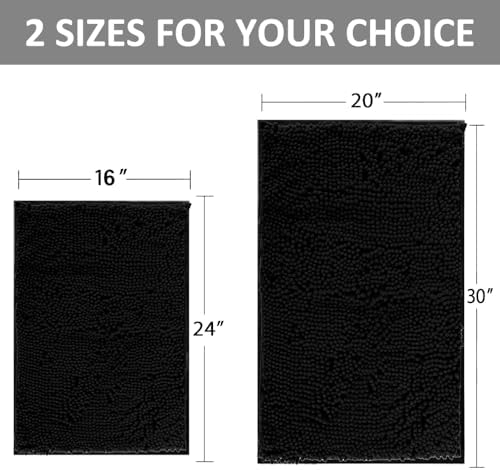 RUN HELIX Bathroom Rugs Set 2 Piece Thick Chenille Bath Mats, Soft Quick Dry Plush Absorbent Bath Rugs with Non-Slip PVC Backing, 32x20+24x16 Inch Black