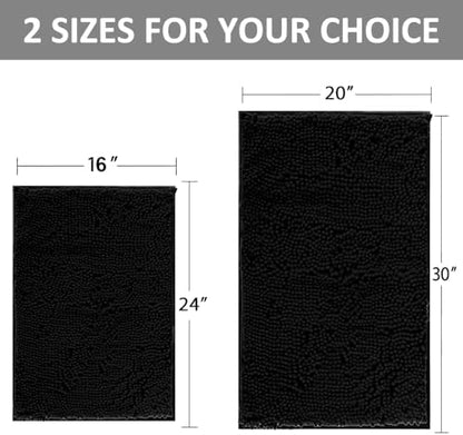 RUN HELIX Bathroom Rugs Set 2 Piece Thick Chenille Bath Mats, Soft Quick Dry Plush Absorbent Bath Rugs with Non-Slip PVC Backing, 32x20+24x16 Inch Black