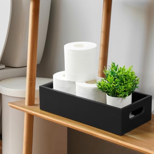 ALELION 14 Inch Black Wood Bathroom Storage Basket with Handles, Toilet Paper Basket for Back of Toilet Tank Top, Wooden Organizer Tray for Bathroom Countertop, Vanity, Kitchen, Pantry, Laundry Room