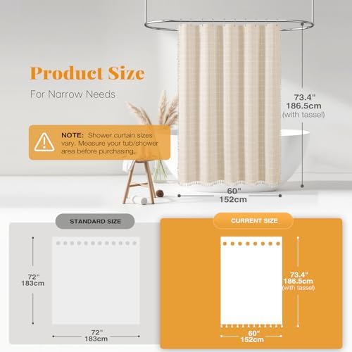 BTTN 60x72 Boho Farmhouse Linen Heavy Duty Shower Curtain Set, Cream/Beige