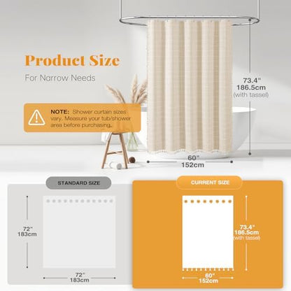 BTTN 60x72 Boho Farmhouse Linen Heavy Duty Shower Curtain Set, Cream/Beige