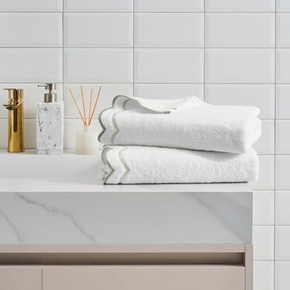 Peri Home 2 Piece Cotton Bath Towel Set, Embroidered, White, Sage Scallop