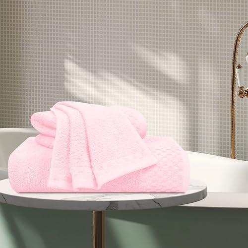 MyOwn Ultra Soft 3 Pack Cotton Towel Set, Contains a Bath Towels 28x55 inch, a Hand Towels 16x24 inch & a Wash Coths 12x12 inch, Ideal Everyday use, Compact & Lightweight - Pink