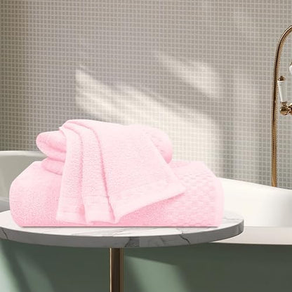 MyOwn Ultra Soft 3 Pack Cotton Towel Set, Contains a Bath Towels 28x55 inch, a Hand Towels 16x24 inch & a Wash Coths 12x12 inch, Ideal Everyday use, Compact & Lightweight - Pink