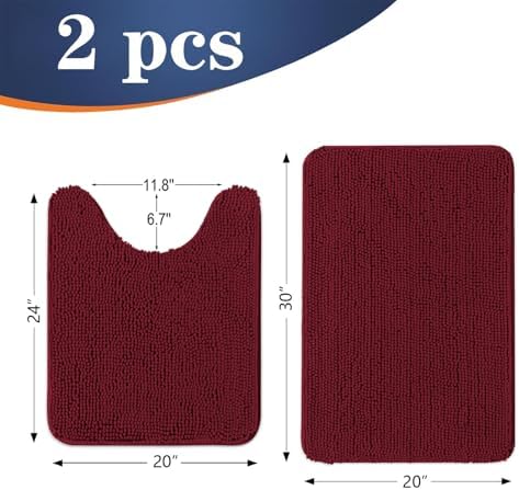 OLANLY Chenille Bathroom Rugs Mats Sets 2 Piece, 30"x20"+24"x20", Burgundy