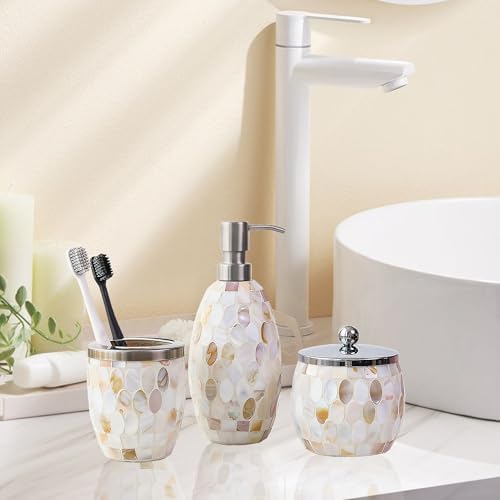 Escenzy Natural Shell Bathroom Accessories Set 3 Pcs | Handcrafted Mother of Pearl Mosaic Glass Soap Dispenser, Toothbrush Holder, Cotton Jar | Luxury Coastal Bathroom Decor