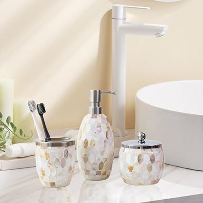 Escenzy Natural Shell Bathroom Accessories Set 3 Pcs | Handcrafted Mother of Pearl Mosaic Glass Soap Dispenser, Toothbrush Holder, Cotton Jar | Luxury Coastal Bathroom Decor