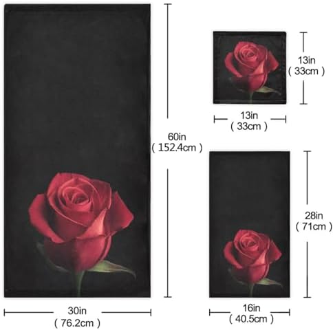 Naanle 3D Beautiful Red Rose Print Soft Luxury Decorative Set of 3 Towels, 1 Bath Towel+1 Hand Towel+1 Washcloth, Multipurpose for Bathroom, Hotel, Gym, Spa and Beach(Black)