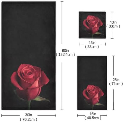 Naanle 3D Beautiful Red Rose Print Soft Luxury Decorative Set of 3 Towels, 1 Bath Towel+1 Hand Towel+1 Washcloth, Multipurpose for Bathroom, Hotel, Gym, Spa and Beach(Black)