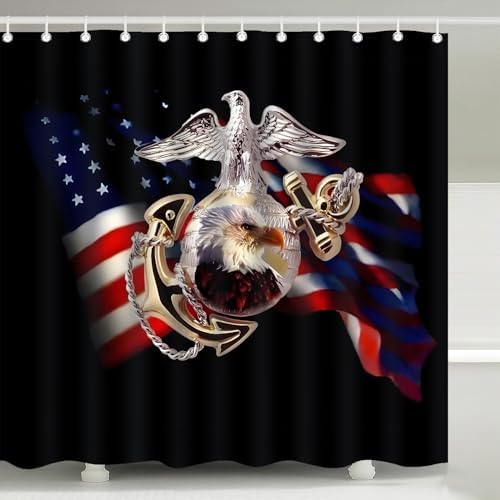US Marine Corps American Pride Flag Shower Curtain with Hooks 72 x 72 Inch