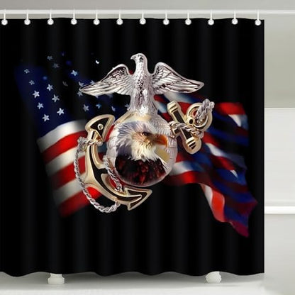 US Marine Corps American Pride Flag Shower Curtain with Hooks 72 x 72 Inch