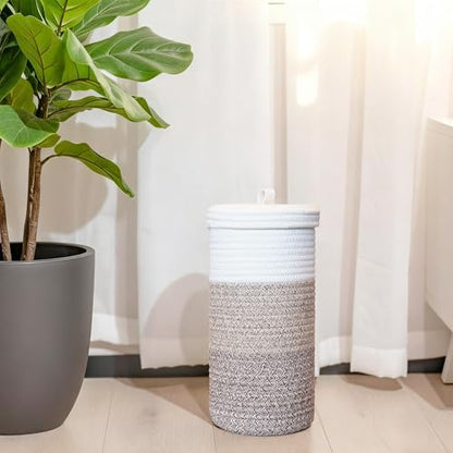 Toilet Paper Holder Handmade – Woven Cotton Toilet Paper Stand & Storage Basket with Lid, Freestanding Organizer for Bathroom, Fits 3 Mega Rolls Gradient Brown 14'' x 7''