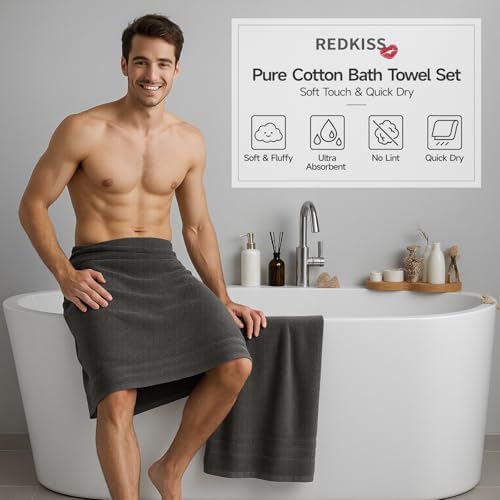 REDKISS Dark Gray Towels Set 6 Piece Cotton Towel Sets with 2 Bath Towels, 2 Hand, 2 Washcloths, 650GSM Hotel Quality, Soft, Highly Absorbent Towels for Bathroom Gym, Ideal Everyday Use