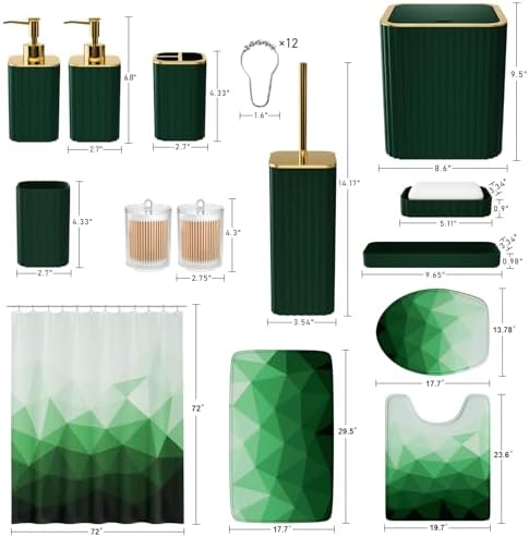 XLHOMO Bathroom Accessory Set - 26PC Bathroom Shower Curtain and Rug Set, Bathroom Accessories Set, Green Bathroom Set with Trash Can, Toilet Brush, Qtip Holder & Soap Dispenser