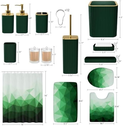 XLHOMO Bathroom Accessory Set - 26PC Bathroom Shower Curtain and Rug Set, Bathroom Accessories Set, Green Bathroom Set with Trash Can, Toilet Brush, Qtip Holder & Soap Dispenser