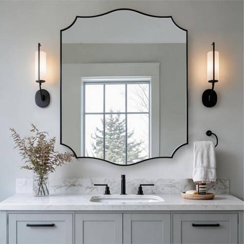 ANDY STAR 30"x36" Black Scalloped Mirror, Mirrors for Bathroom Sink, Black Framed Mirror with Elegant Curved Scallop Design, Premium Stainless Steel Thin Frame, Hangs Horizontally or Vertically
