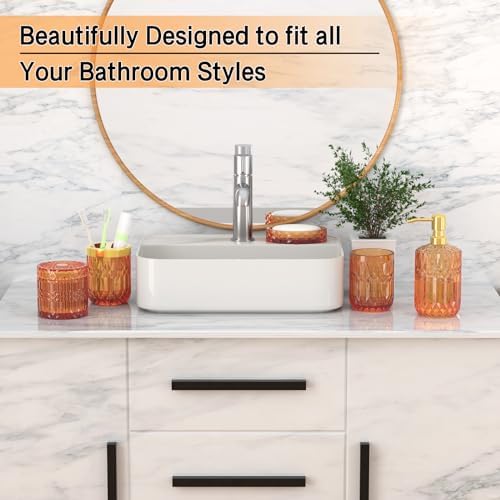 Orange Glass Bathroom Accessories Set 5 Pcs, Orange Bathroom Set, Soap Dispenser and Toothbrush Holder Set, Qtip Holder Set, Vintage Bathroom Sink Set, Cute Bathroom Decor