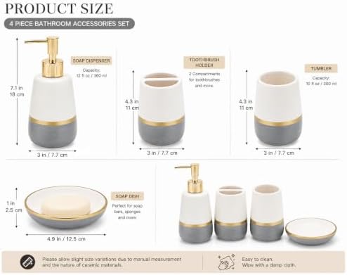 4 Piece Ceramic Bathroom Accessories Set, White Gray and Gold Soap Dispenser, Toothbrush Holder, Tumbler and Soap Dish, Modern Bathroom Countertop Vanity Decor