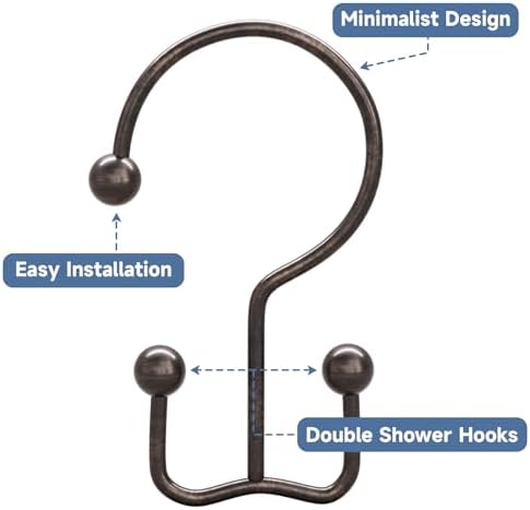 Titanker Shower Curtain Hooks Rings, Rust Resistant Metal Minimalist Simple Double Glide Shower Hooks Rings for Bathroom Shower Rods Curtains, Set of 12 Hooks - Bronze